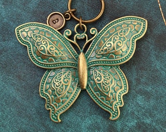 Butterfly Keychain Patina Butterfly Pendant Keychain Antiqued Butterfly Keyring Butterfly Charm Keychain Personalized Keychain Initial Gift