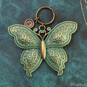 Butterfly Keychain Patina Butterfly Pendant Keychain Antiqued Butterfly Keyring Butterfly Charm Keychain Personalized Keychain Initial Gift