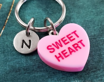 Candy Heart Keychain SMALL Sweetheart Pink Conversation Heart Charm Keyring Personalized Initial Cute Valentine's Day Gift Monogram Pendant