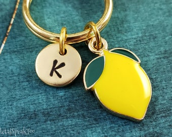 Lemon Keychain SMALL Yellow Lemon Keyring Personalized Initial Fruit Keychain Lemon Pendant Charm Spring Engraved Monogram Gift Under 30