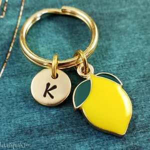 Lemon Keychain SMALL Yellow Lemon Keyring Personalized Initial Fruit Keychain Lemon Pendant Charm Spring Engraved Monogram Gift Under 30