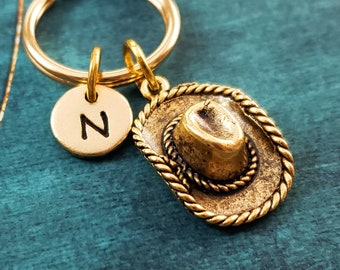 Cowboy Keychain Cowgirl Hat Keyring SMALL Cowboy Pendant Personalized Engraved Initial Charm Custom Monogram Western Gift for Him Under 30