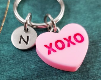 Candy Heart Keychain SMALL XOXO Pink Conversation Heart Charm Keyring Personalized Initial Valentine's Day Gift for Her Monogram Pendant