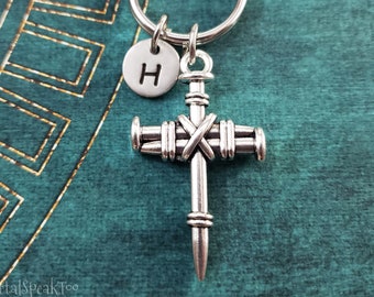 Cross Keychain SMALL Cross Keyring Nail Cross Charm Christian Keychain Personalized Initial Pendant Boyfriend Husband Gift for Him Under 30