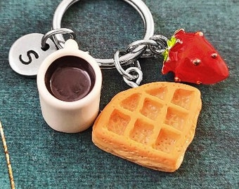 Waffle Keychain SMALL Waffle Keyring Breakfast Keychain Coffee Keychain Strawberry Keychain Personalized Initial Keychain Breakfast Gift