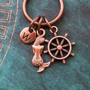 Mermaid Keychain VERY SMALL Copper Mermaid Keyring Personalized Keychain Ship&#39;s Wheel Keychain Fantasy Keychain Nautical Keychain Boat Gift