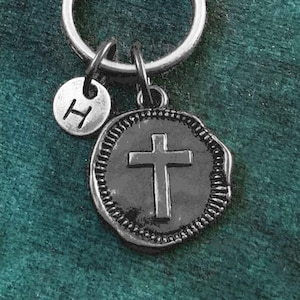 Black Cross Keychain SMALL Gunmetal Cross Keyring Coin Charm Christian Keychain Charm Keychain Initial Keychain Wax Seal Boyfriend Gift Goth