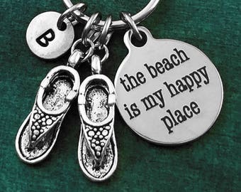 The Beach is My Happy Place Keychain SMALL Beach Keychain Travel Keychain Beach Keyring Sandals Keychain Flip Flops Keychain Personalized