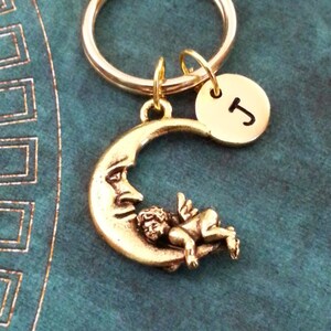 Moon Keychain SMALL Man in the Moon Keyring Gold Moon Charm Keychain Cherub Keychain Baby Angel Keychain Bridesmaid Keychain Monogram Gift