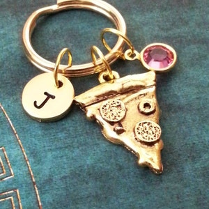 Pizza Keychain SMALL Gold Pizza Slice Keychain Personalized Keychain Food Keychain Birthstone Keychain Bridesmaid Keychain Slice of Pizza