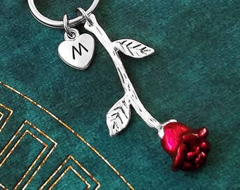 Red Rose Keychain SMALL Rose Charm Keychain Keyring Girlfriend Keychain Personalized Bridesmaid Keychain Initial Keychain Valentine's Gift