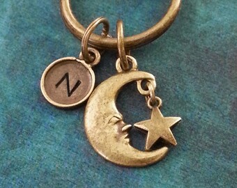 Personalized Moon Keychain, Cresent Moon Keyring, Moon Star Key