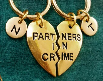 Partners in Crime Keychain SET of 2 SMALL Broken Heart Keychains Charm Personalized Best Friend Keychain Friendship Keychain Sisters Gift