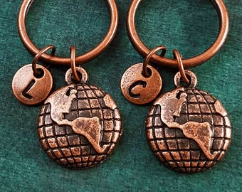 Globe Keychain SET of 2 SMALL Copper Globe Charm Keychains Girlfriend Keychain Boyfriend Keychain Long Distance Relationship Travel Gift