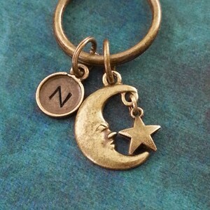 Moon Keychain VERY SMALL Bronze Moon Keyring Celestial Keychain Space Keychain Star Keychain Brass Moon and Stars Keychain Man in the Moon