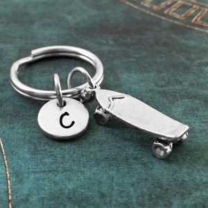 Skateboard Keychain VERY SMALL Silver Skateboard Keyring Personalized Keychain Boyfriend Gift Boyfriend Keychain Skater Gift Skater Keychain