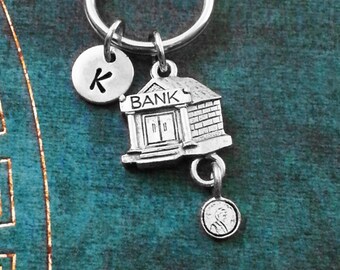 Bank Keychain SMALL Bank Keyring Coin Keychain Money Keychain Banker Keychain Bank Gift Bank Charm Keychain Initial Keychain Monogram Dad