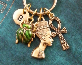 Nefertiti Keychain SMALL Gold Ankh Keychain Green Scarab Keychain Nefertiti Keyring Bridesmaid Keychain Egyptian Keychain Beetle Keychain