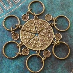 Friendship Pizza Keychains Pizza Slice Keyrings Personalized Bridesmaid Keychains Pepperoni Pizza Set of 6 Bronze Pizza Set Whole Pizza Gift