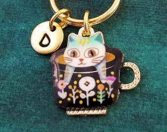 Cat Keychain VERY SMALL Teacup Keychain Cat Charm Keychain Coffee Cup Keychain Teenage Girl Keychain Personalized Initial Keychain Kawaii