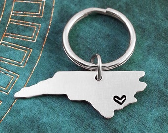 North Carolina Keychain Personalized Hand Stamped North Carolina Keyring Long Distance Relationship Heart State Keychain North Carolina Gift