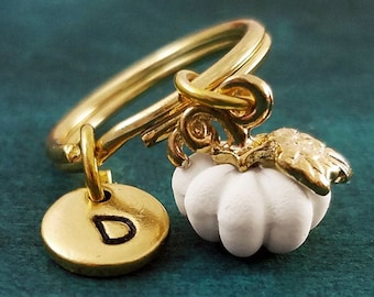 Pumpkin Keychain VERY SMALL White Pumpkin Keyring Halloween Keychain Autumn Personalized Keychain Initial Charm Pumpkin Gift Jack-o-Lantern