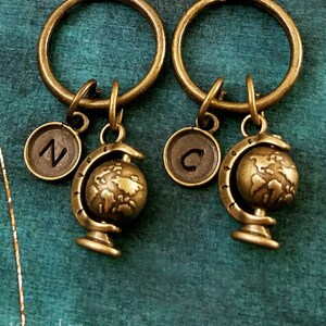 Globe Keychain SET of 2 SMALL Bronze Globe Charm Keychains Girlfriend Keychain Boyfriend Keychain Long Distance Relationship Travel Gift