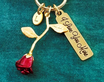 Red Rose Keychain SMALL Rose Charm Keychain Keyring Girlfriend Keychain Personalized Anniversary Keychain I Love You More Valentine's Gift