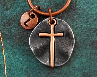 Cross Keychain VERY SMALL Copper Cross Keyring Coin Charm Christian Keychain Cross Charm Keychain Initial Keychain Wax Seal Medallion Gift