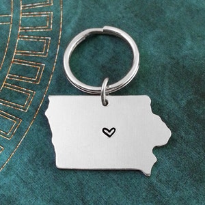Iowa Keychain Personalized Hand Stamped Iowa Keyring Long Distance Relationship Couples Jewelry Heart State Keychain Iowa Gift Iowa Jewelry