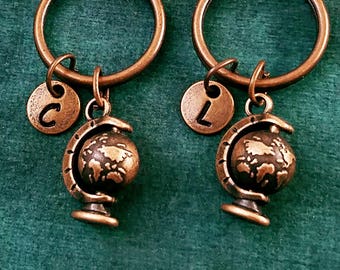 Globe Keychain SET of 2 SMALL Copper Globe Charm Keychains Girlfriend Keychain Boyfriend Keychain Long Distance Relationship Travel Gift
