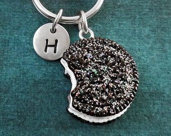 Cookie Keychain SMALL Glitter Chocolate Sandwich Cookie Keyring Pendant Keychain Personalized Keychain Initial Keychain Charm Keychain Gift