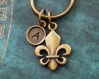 Fleur De Lis Keychain SMALL Bronze Fleur De Lis Keyring Fleur De Lys Keychain French Royalty Keychain Initial Keychain Monogram Keychain