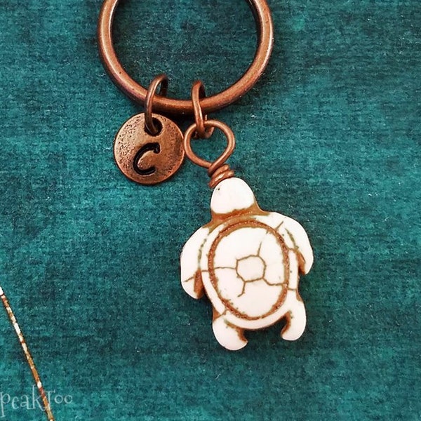 Turtle Keychain SMALL White Turtle Keyring Turtle Charm Keychain Turtle Gift Pendant Keychain Copper Keychain Personalized Initial Keychain