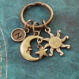 Sun Keychain Moon Keychain VERY SMALL Sun Keyring Bronze Moon Keyring Celestial Keychain Space Keychain Star Keychain Brass Sun Keyring