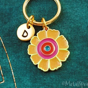 Yellow Flower Keychain SMALL Flower Keyring Daisy Keychain Charm Keychain Pendant Keychain Personalized Initial Keychain Hippie Keychain