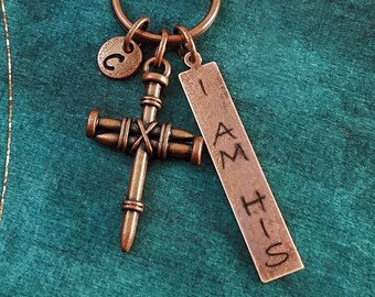 Cross Keychain SMALL Nails Cross Keyring Christian Keychain Copper Cross Charm Boyfriend Keychain I Am His Keychain Pastor Gift Engraved