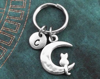 Cat on the Moon Keychain SMALL Silver Cat Moon Keychain Personalized Keychain Cat Keychain Cat Keyring Crescent Moon Keyring Kawaii Keychain