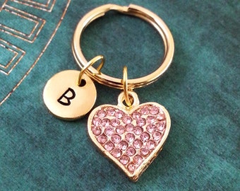 Pink Rhinestone Heart Keychain, SMALL Heart Keyring, Custom Keyring, Personalized Keychain, Rhinestone Jewelry, Valentine's Day Gift for Her