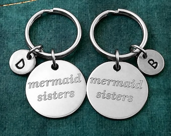 Mermaid Sisters Keychain SET of 2 SMALL Sister Charm Keychains Mermaid Keychains Best Friends Keychains Friendship Gift Personalized Initial