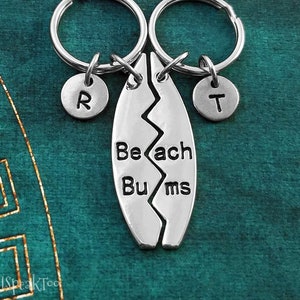 Beach Bums Keychain SET of 2 SMALL Surfboard Keychains Surfer Keychain Best Friends Keychain Friendship Keychain Initial Charm Beach Keyring