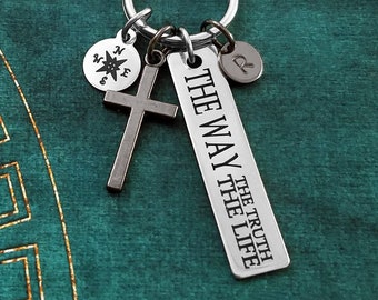 Scripture Keychain SMALL Black Cross Keychain Way the Truth and the Life Keychain Christian Keychain Compass Keychain Father's Day Keychain