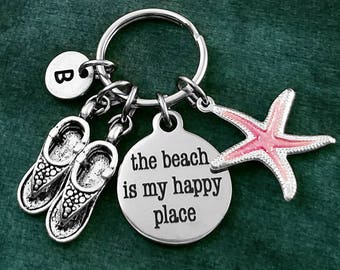 The Beach is My Happy Place Keychain SMALL Beach Keychain Travel Gift Beach Keyring Sandals Keychain Flip Flops Keychain Starfish Keychain