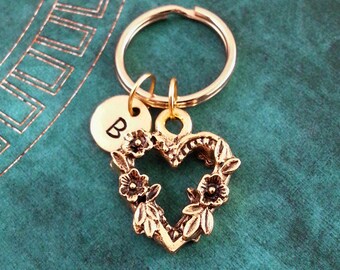 Gold Heart Keychain, SMALL Heart Charm, Personalized Key Ring, Valentine's Day Gift Heart Wreath Necklace Heart Pendant Valentine's Keychain