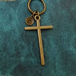 Cross Keychain SMALL Bronze Cross Keyring Christian Keychain Cross Charm Keychain Initial Keychain Pendant Keychain Boyfriend Gift Dad Gift