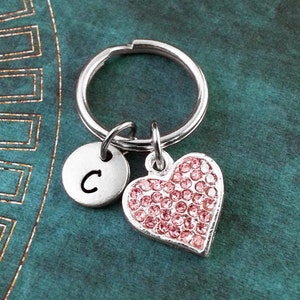 Pink Heart Keychain, Pink Heart Charm, Pink Rhinestone Heart Keyring, Rhinestone Jewelry, Engraved Keyring, Monogram Keychain Heart Keychain