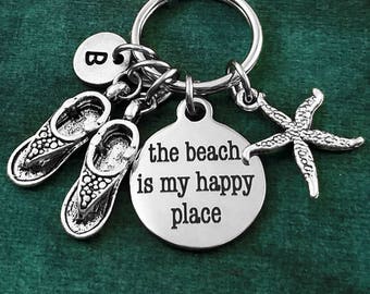 The Beach is My Happy Place Keychain SMALL Beach Keychain Travel Gift Beach Keyring Sandals Keychain Flip Flops Keychain Starfish Keychain