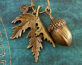 Acorn Keychain Maple Leaf Keychain Bronze Acorn Keyring Fall Keychain Autumn Keychain Charm Keychain Pendant Keychain Personalized Initial