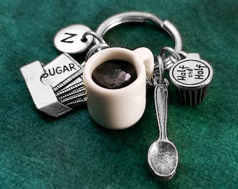 Coffee Keychain SMALL Coffee Cup Keyring Coffee with Cream Charm Keychain Coffee Lover Gift Sugar Keychain Girlfriend Gift Spoon Keychain