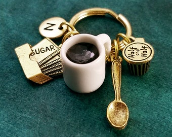 Coffee Keychain SMALL Coffee Cup Keyring Coffee with Cream Charm Keychain Coffee Lover Gift Sugar Keychain Girlfriend Gift Spoon Keychain